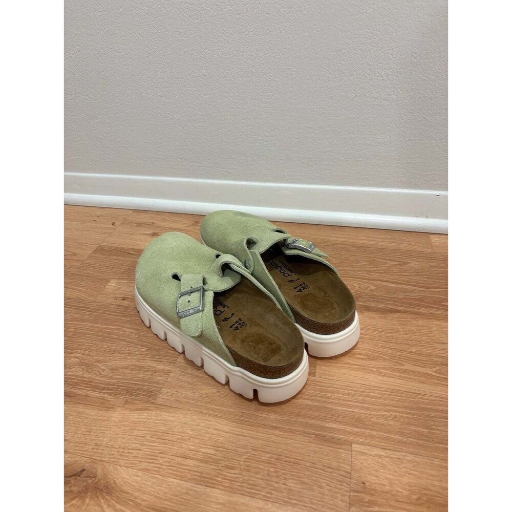 Birkenstock Papillio Boston Chunky Platform Suede Clogs in Faded Lime - Picture 2 of 5